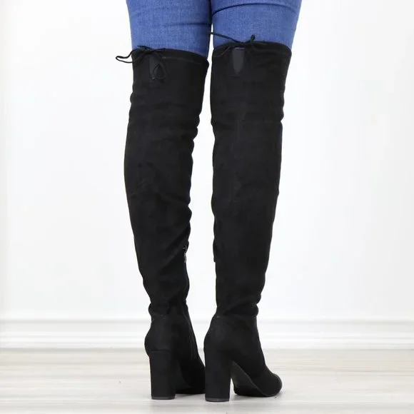 Black Thigh High Over The Knee Block High Heel Boots Pointy Toe Faux Suede - Picture 8 of 15